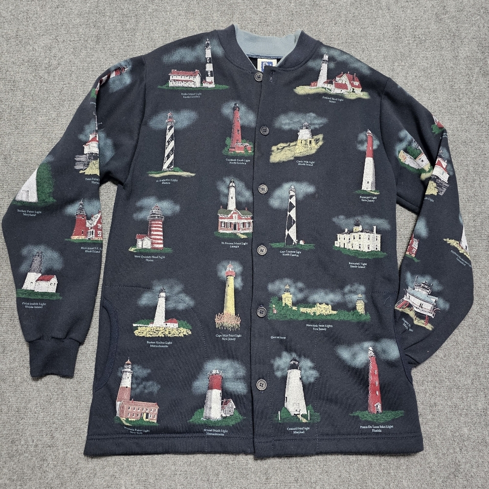 VTG Art Unlimited Light House Cardigan Sweatshirt L Cape Maine Massachusetts USA